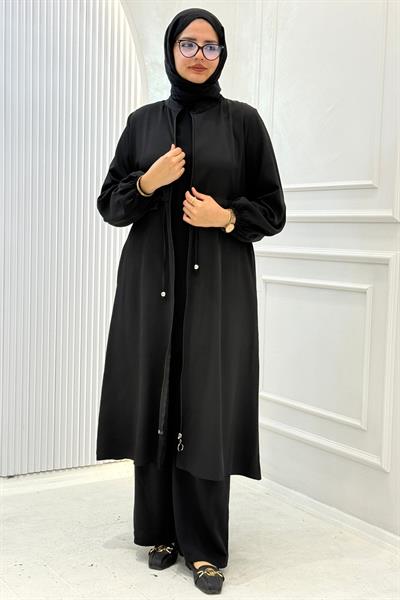 Büzgü Kol Detaylı Uzun Kap Pantolonlu Takım Siyah OTW8633