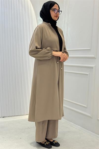 Büzgü Kol Detaylı Uzun Kap Pantolonlu Takım Bej OTW8633