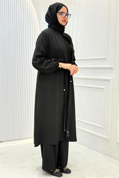 Büzgü Kol Detaylı Uzun Kap Pantolonlu Takım Siyah OTW8633