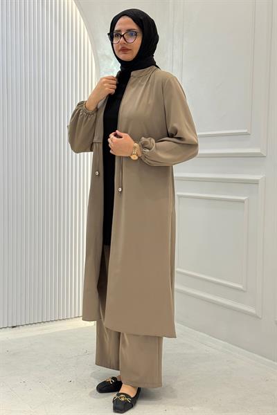 Büzgü Kol Detaylı Uzun Kap Pantolonlu Takım Bej OTW8633