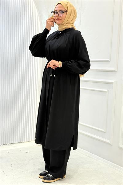 Büzgü Yaka Pantolonlu Takım Siyah OTW8609