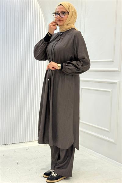 Büzgü Yaka Pantolonlu Takım Vizon OTW8609