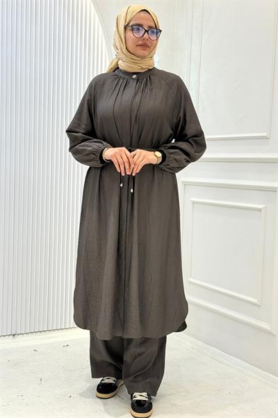 Büzgü Yaka Pantolonlu Takım Vizon OTW8609