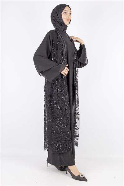 Çakma inci Detaylı Abaya Takım Siyah OTW42932