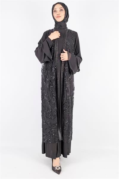 Çakma inci Detaylı Abaya Takım Siyah OTW42932