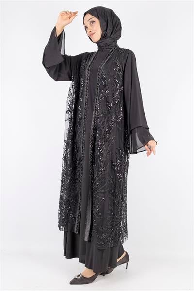 Çakma inci Detaylı Abaya Takım Siyah OTW42932