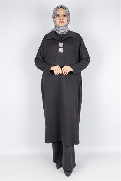 Çelik Örme Büyük Beden Taş Detaylı Elbise Siyah OTW7804