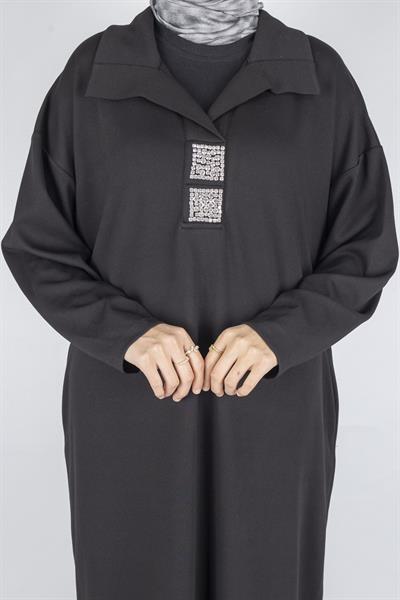 Çelik Örme Büyük Beden Taş Detaylı Elbise Siyah OTW7804