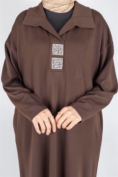 Çelik Örme Büyük Beden Taş Detaylı Elbise Kahve OTW7804