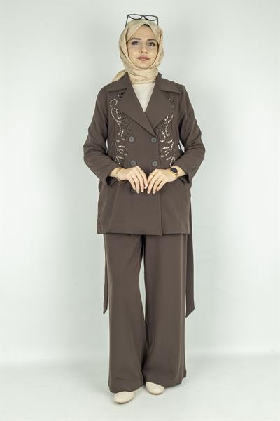 Çelik Örme Kruvaze Ceketli Takım Kahve OTW25573