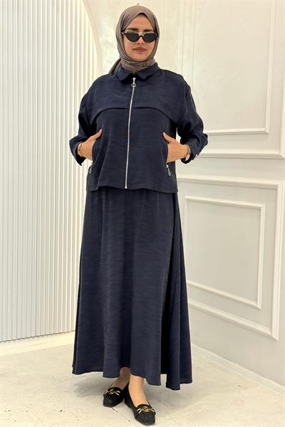 Cep Detaylı Fermuarlı Ceketli Etekli Takım Lacivert OTW73097