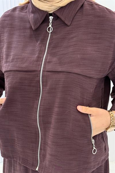 Cep Detaylı Fermuarlı Ceketli Etekli Takım Mürdüm OTW73097