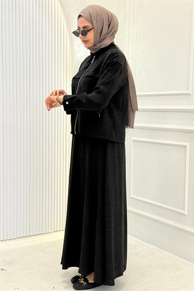 Cep Detaylı Fermuarlı Ceketli Etekli Takım Siyah OTW73097