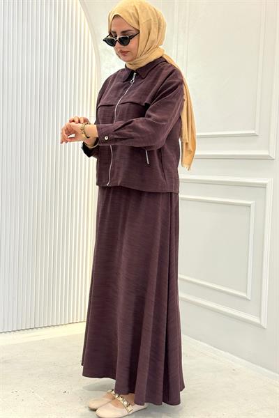 Cep Detaylı Fermuarlı Ceketli Etekli Takım Mürdüm OTW73097