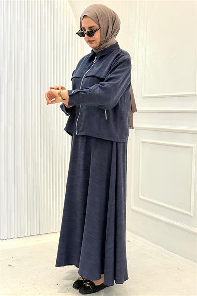 Cep Detaylı Fermuarlı Ceketli Etekli Takım Lacivert OTW73097
