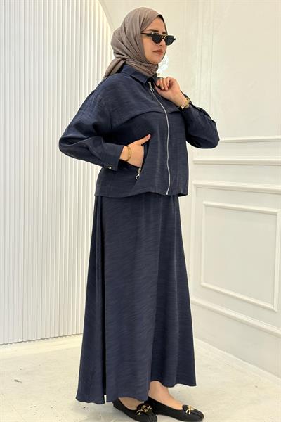 Cep Detaylı Fermuarlı Ceketli Etekli Takım Lacivert OTW73097