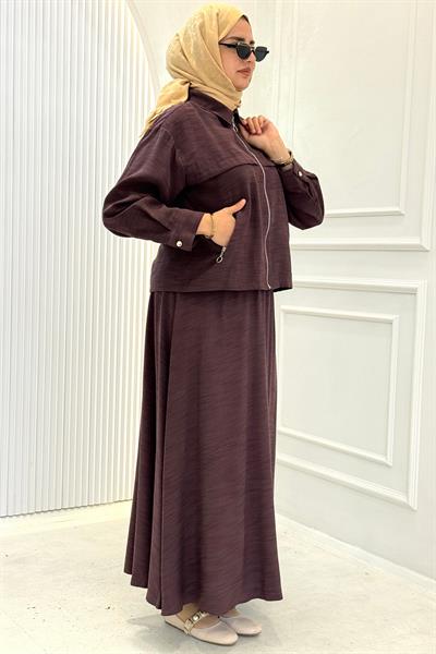 Cep Detaylı Fermuarlı Ceketli Etekli Takım Mürdüm OTW73097