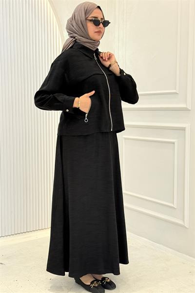 Cep Detaylı Fermuarlı Ceketli Etekli Takım Siyah OTW73097