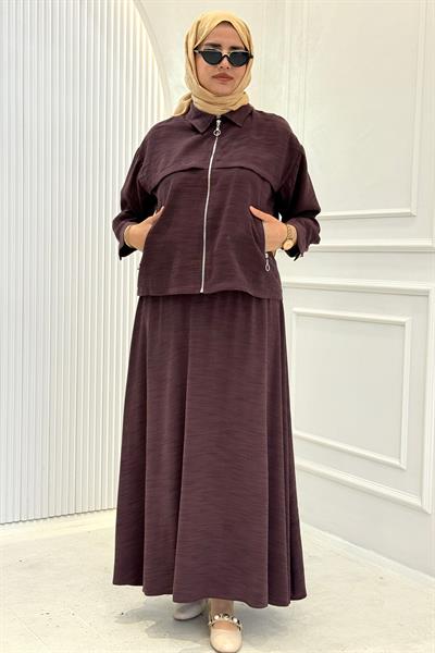 Cep Detaylı Fermuarlı Ceketli Etekli Takım Mürdüm OTW73097