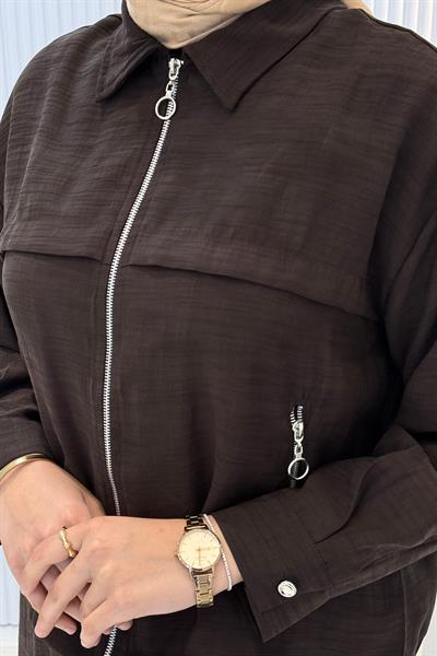 Cep Detaylı Fermuarlı Ceketli Etekli Takım Kahve OTW73097