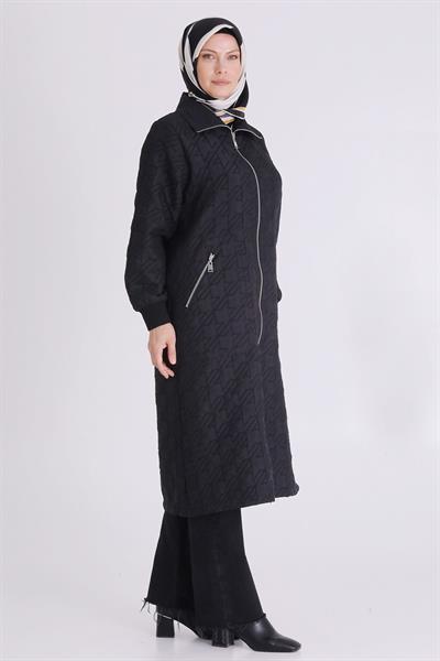 Cepli Fermuarlı Kapitone Büyük Beden Kap Siyah OTW2551