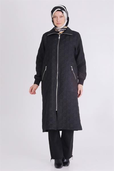 Cepli Fermuarlı Kapitone Büyük Beden Kap Siyah OTW2551