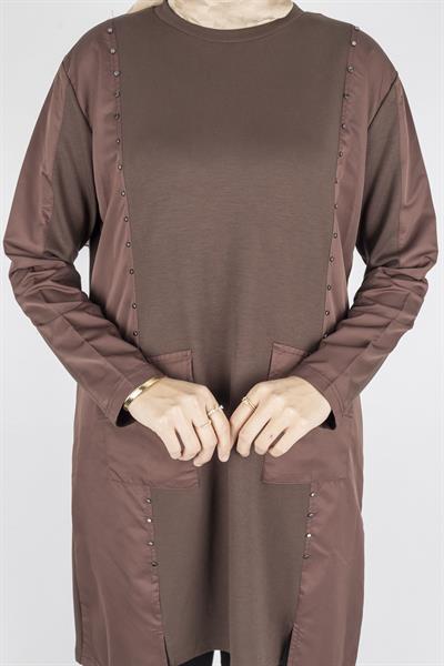 Cepli Zımba Detaylı Büyük Beden Oysho Tunik Kahve OTW317