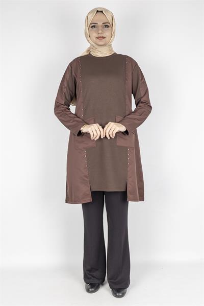 Cepli Zımba Detaylı Büyük Beden Oysho Tunik Kahve OTW317