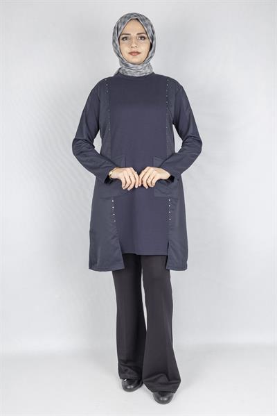 Cepli Zımba Detaylı Büyük Beden Oysho Tunik Lacivert OTW317