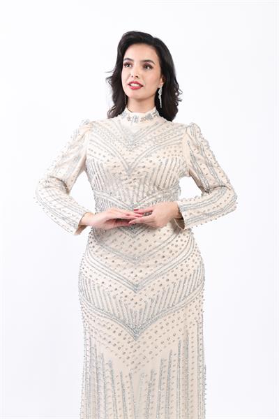 Chevron Desenli Taşlı Tesettür Abiye Gold OTW3143