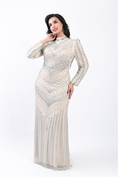 Chevron Desenli Taşlı Tesettür Abiye Gold OTW3143