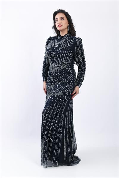 Chevron Desenli Taşlı Tesettür Abiye Lacivert OTW3143