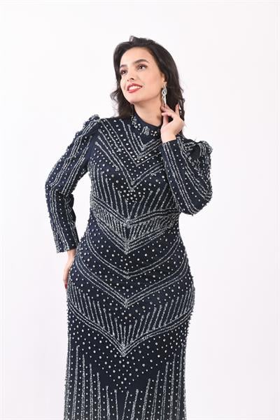 Chevron Desenli Taşlı Tesettür Abiye Lacivert OTW3143