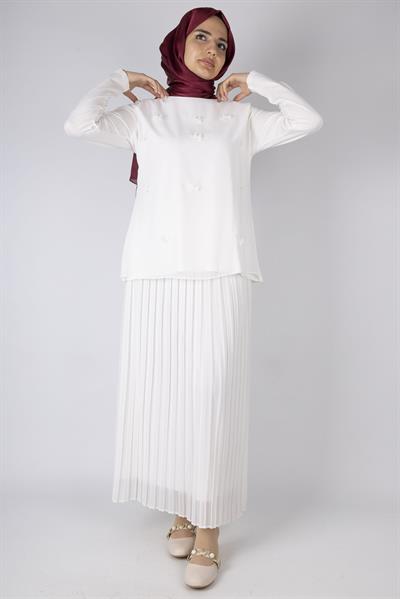 Çiçek Aplikeli Şifon Tesettür Tunik Ekru OTW569