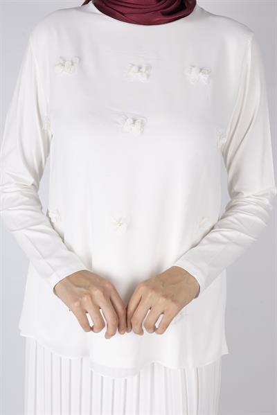 Çiçek Aplikeli Şifon Tesettür Tunik Ekru OTW569