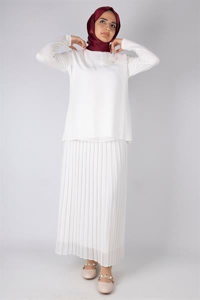 Çiçek Broş Detaylı Tesettür Tunik Ekru OTW571