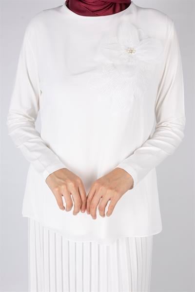 Çiçek Broş Detaylı Tesettür Tunik Ekru OTW571