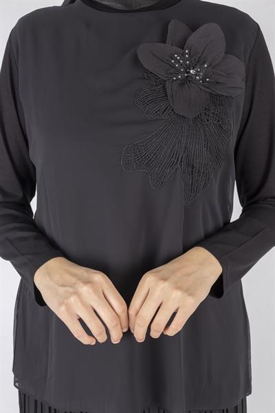 Çiçek Broş Detaylı Tesettür Tunik Siyah OTW571