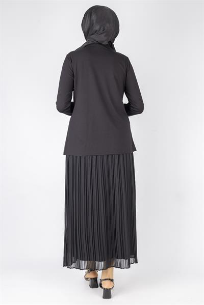 Çiçek Broş Detaylı Tesettür Tunik Siyah OTW571