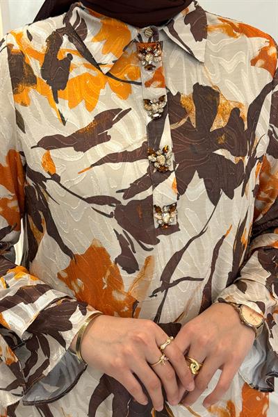 Çiçek Desenli Broş Detaylı Uzun Tesettür Elbise Kahve-Oranj OTW1865