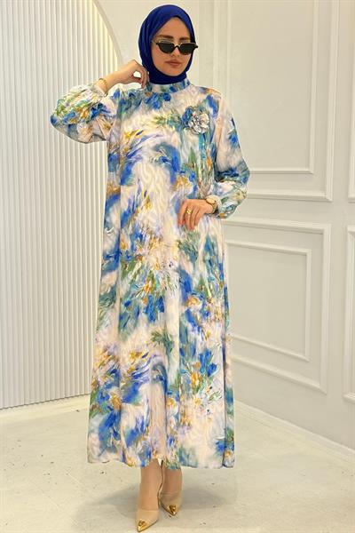 Çiçek Desenli Broş Detaylı Uzun Tesettür Elbise Mavi OTW1870