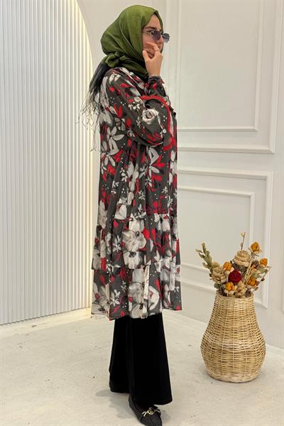 Çiçek Desenli Dantel Detaylı Büyük Beden Tunik Kırmızı OTW1001