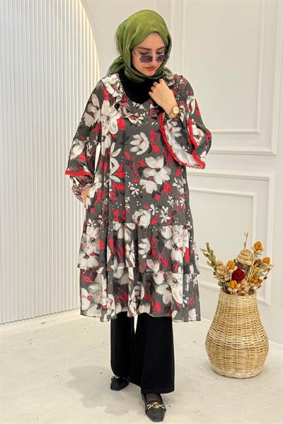 Çiçek Desenli Dantel Detaylı Büyük Beden Tunik Kırmızı OTW1001