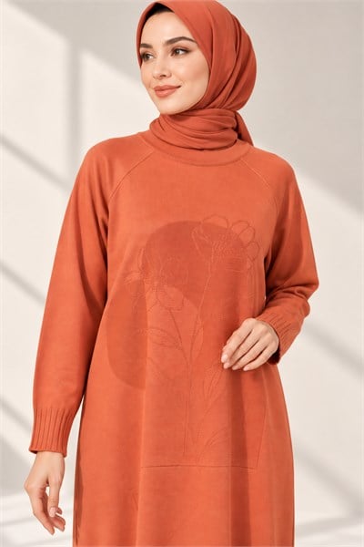 Çiçek Desenli Merserize Triko Uzun Tunik Turuncu OTW36231