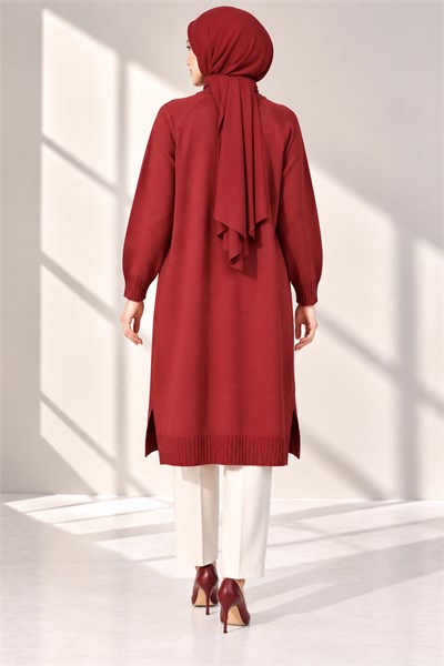 Çiçek Desenli Merserize Triko Uzun Tunik Bordo OTW36231