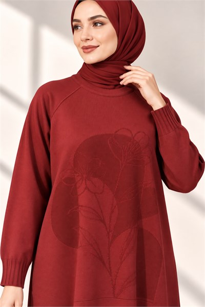 Çiçek Desenli Merserize Triko Uzun Tunik Bordo OTW36231