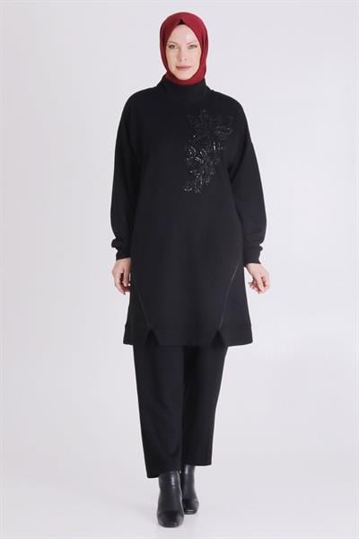Çiçek Desenli Payet İşlemeli Pantolonlu Tesettür Takım Siyah OTW3552