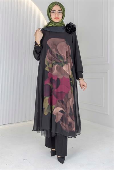 Çiçek Desenli Şifon Büyük Beden Elbise Siyah OTW1009