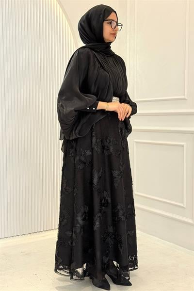 Çiçek Desenli Şifon Detaylı Abiye Elbise Siyah OTW46305