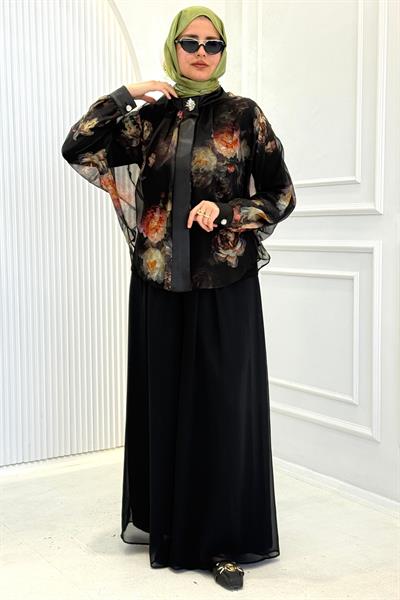 Çiçek Desenli Şifon Gömlekli Pantolonlu Tesettür Takım Siyah OTW45854